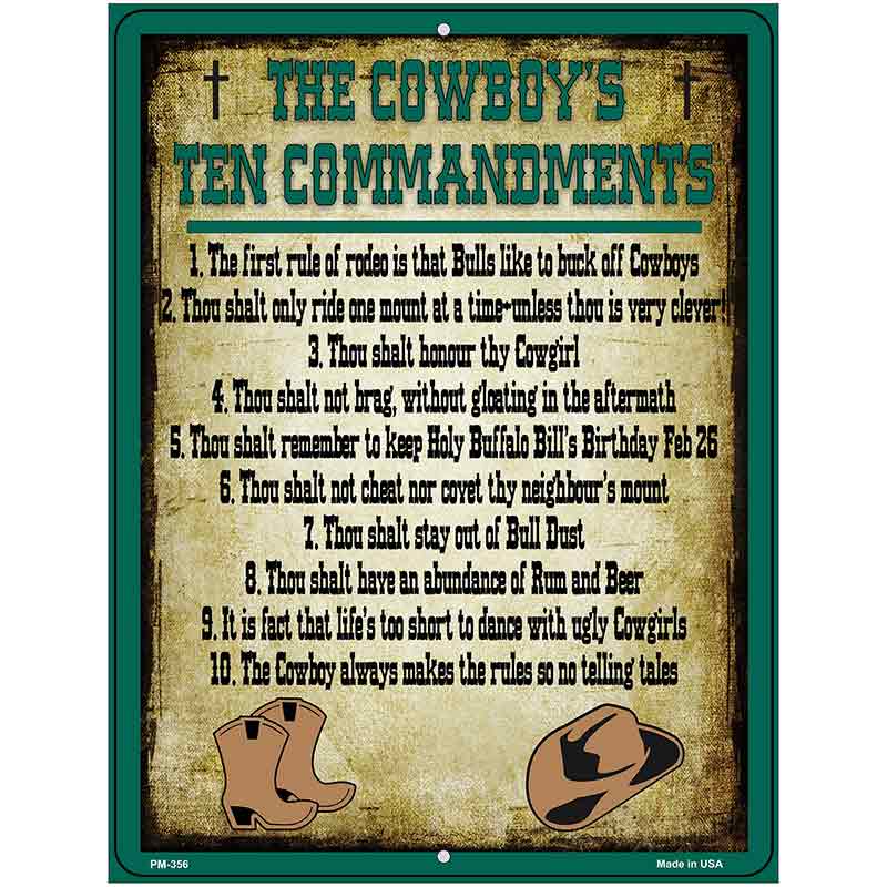 Cowboys Ten Commandments Green Novelty Metal Parking Sign 4.5" x 6" (PM)