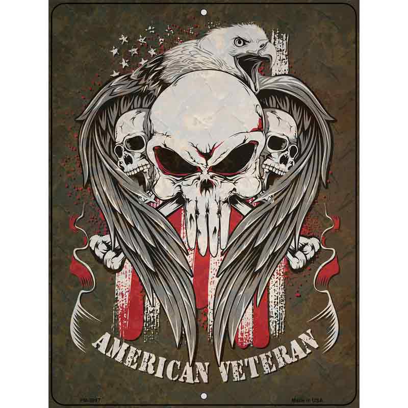 Skulls American Veteran Novelty Metal Parking Sign 4.5" x 6" (PM)