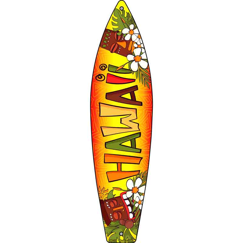 Hawaii With Tikis Novelty Metal Surfboard Sign 17" x 4.5" (SB)