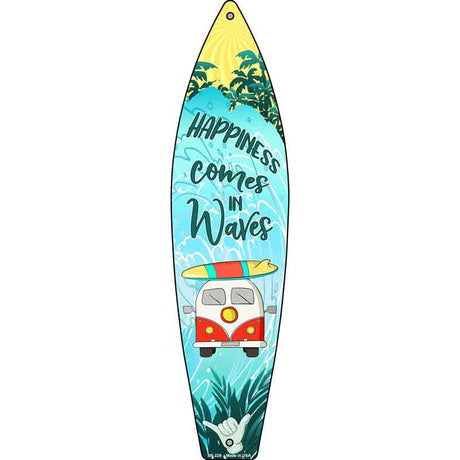 Happiness Comes in Waves Novelty Metal Surfboard Sign 17" x 4.5" (SB)