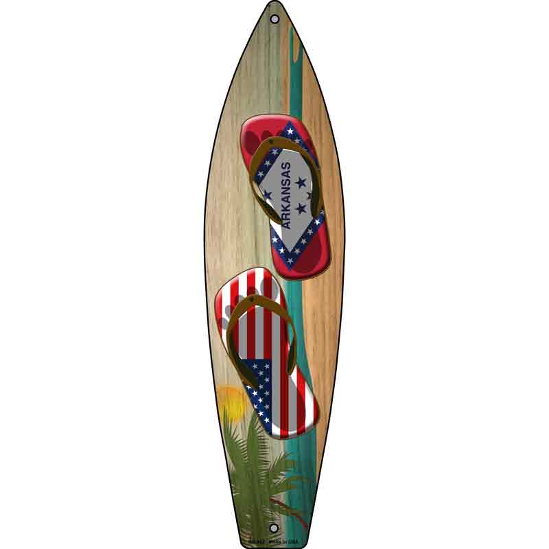 Arkansas Flag and US Flag Flip Flop Novelty Metal Surfboard Sign 17" x 4.5" (SB)