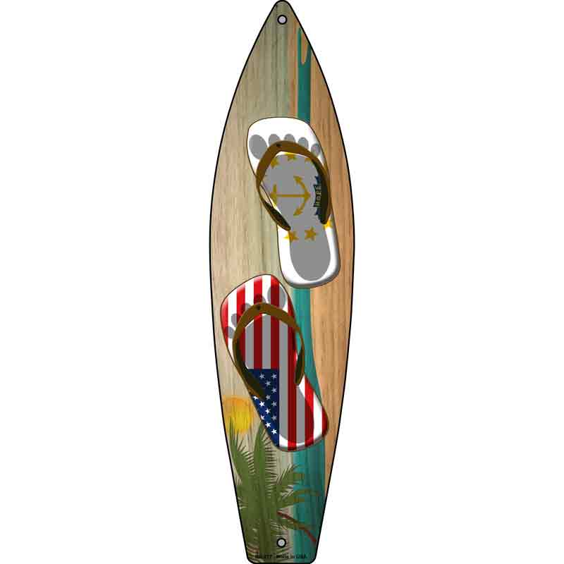 Rhode Island Flag and US Flag Flip Flop Novelty Metal Surfboard Sign 17" x 4.5" (SB)