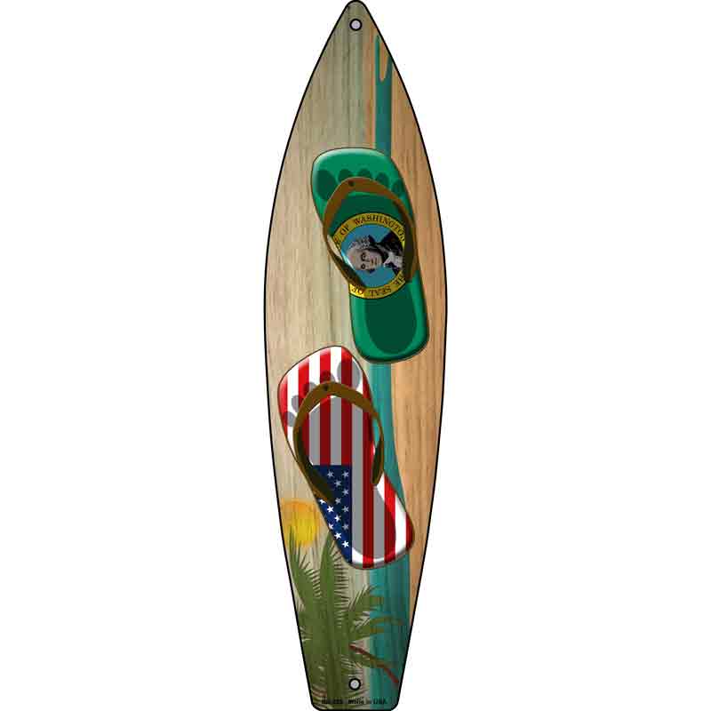 Washington Flag and US Flag Flip Flop Novelty Metal Surfboard Sign 17" x 4.5" (SB)