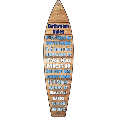 Bathroom Rules Novelty Metal Surfboard Sign 17" x 4.5" (SB)