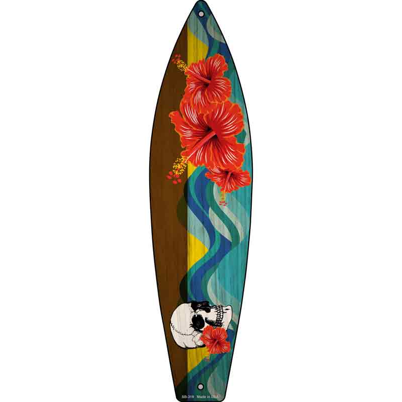 Skull With Hawaiian Flowers Novelty Metal Surfboard Sign 17" x 4.5" (SB)