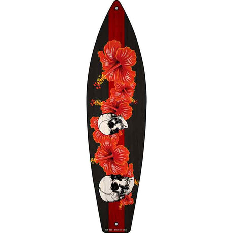 Red Line Skull With Flowers Novelty Metal Surfboard Sign 17" x 4.5" (SB)