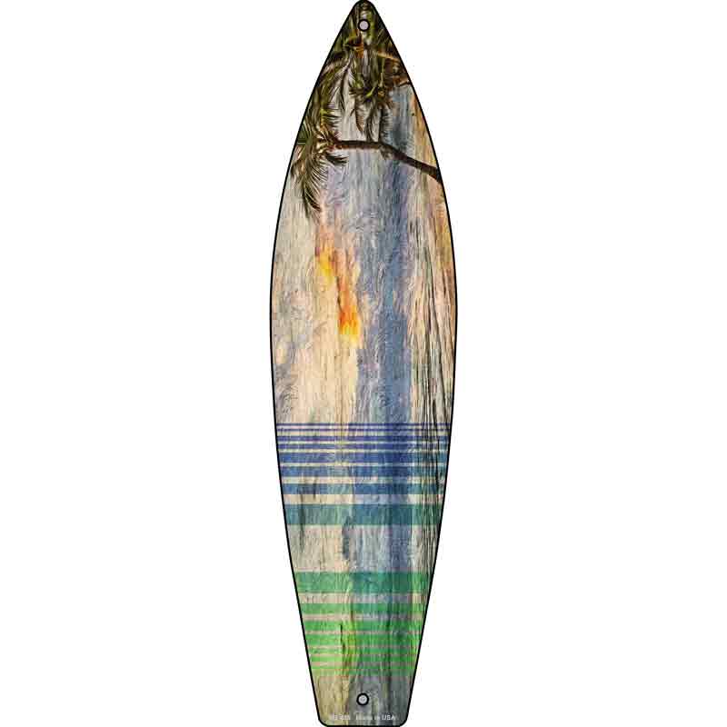 Ocean Sunset With Trees Novelty Metal Surfboard Sign 17" x 4.5" (SB)