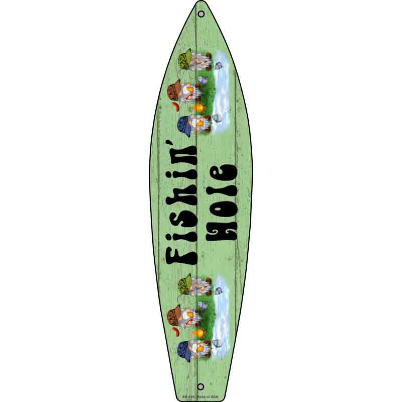 Fishing Hole Six Camo Gnomes Novelty Metal Surfboard Sign 17" x 4.5" (SB)