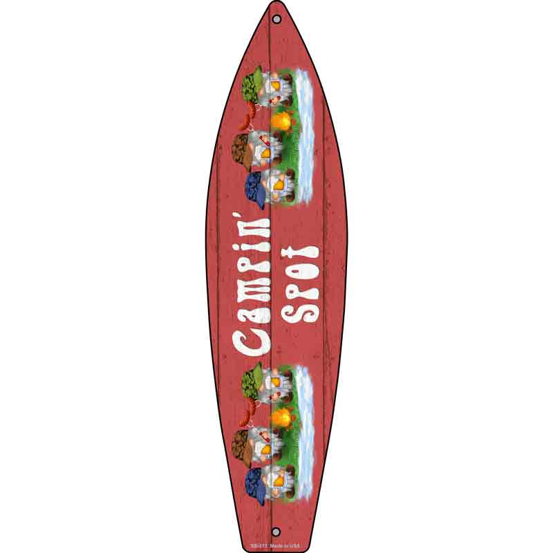 Camping Spot Six Camo Gnomes Novelty Metal Surfboard Sign 17" x 4.5" (SB)