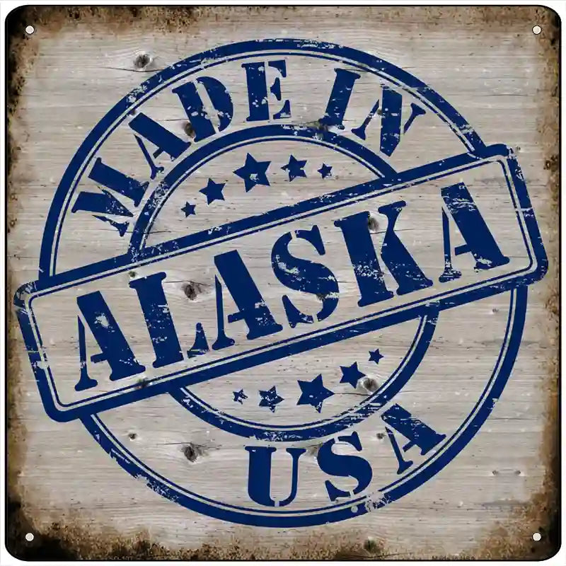 Alaska Stamp On Wood Novelty Metal Square Sign 12" (SQ)