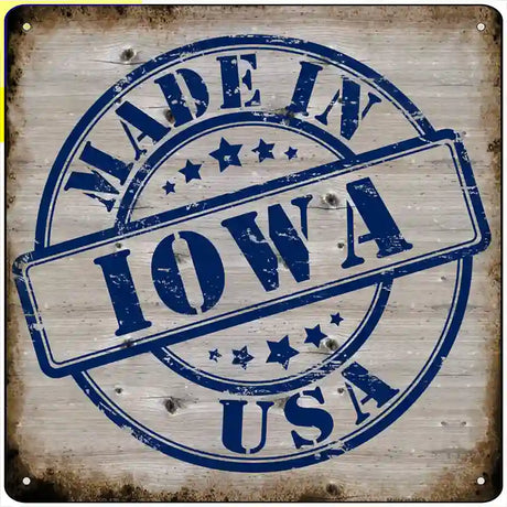 Iowa Stamp On Wood Novelty Metal Square Sign 12" (SQ)