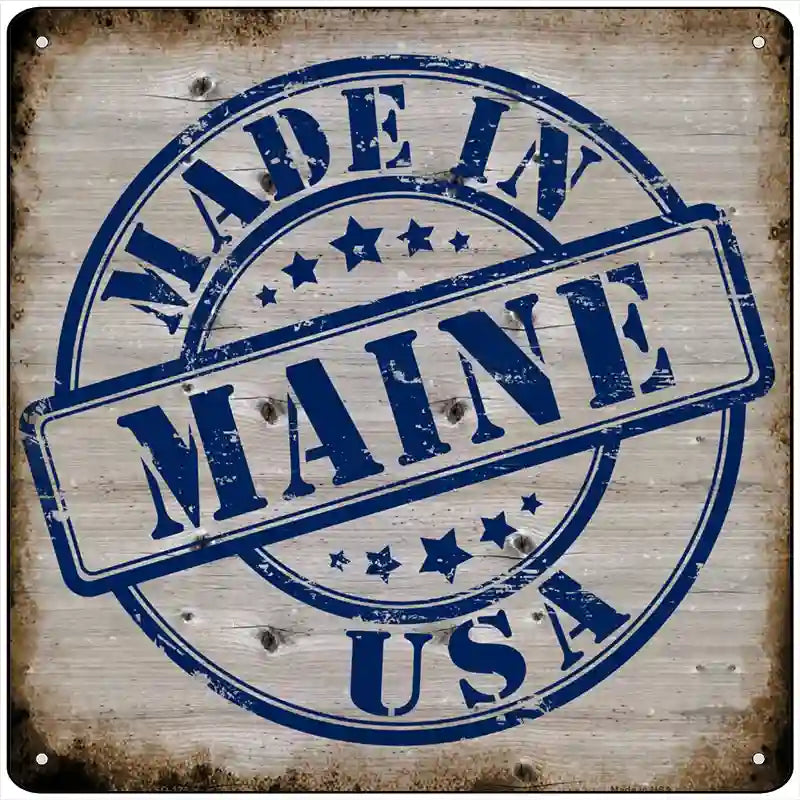 Maine Stamp On Wood Novelty Metal Square Sign 12" (SQ)