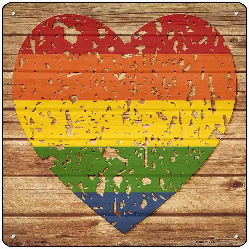 Distressed Heart Rainbow Novelty Metal Square Sign 12" (SQ)