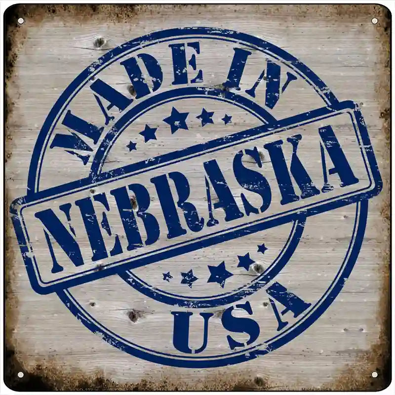 Nebraska Stamp On Wood Novelty Metal Square Sign 12" (SQ)