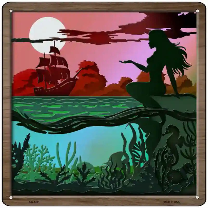 Mermaid and Ship Shadow Box Novelty Metal Square Sign 12" (SQ)