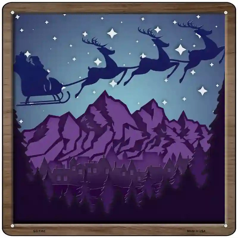 Santa Over Mountains Shadow Box Novelty Metal Square Sign 12" (SQ)