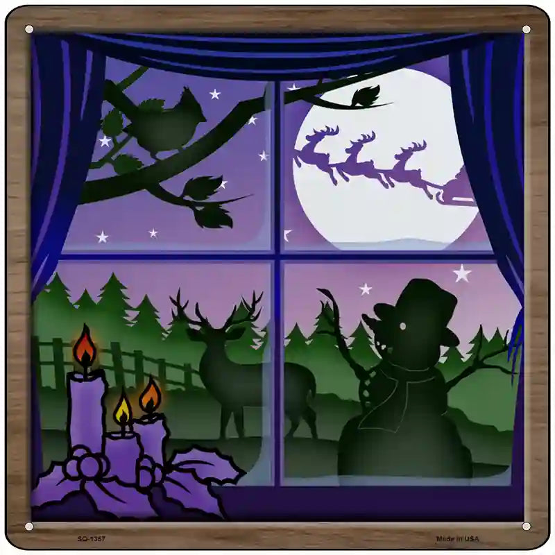 Santa Through Window Novelty Metal Square Sign 12" (SQ)