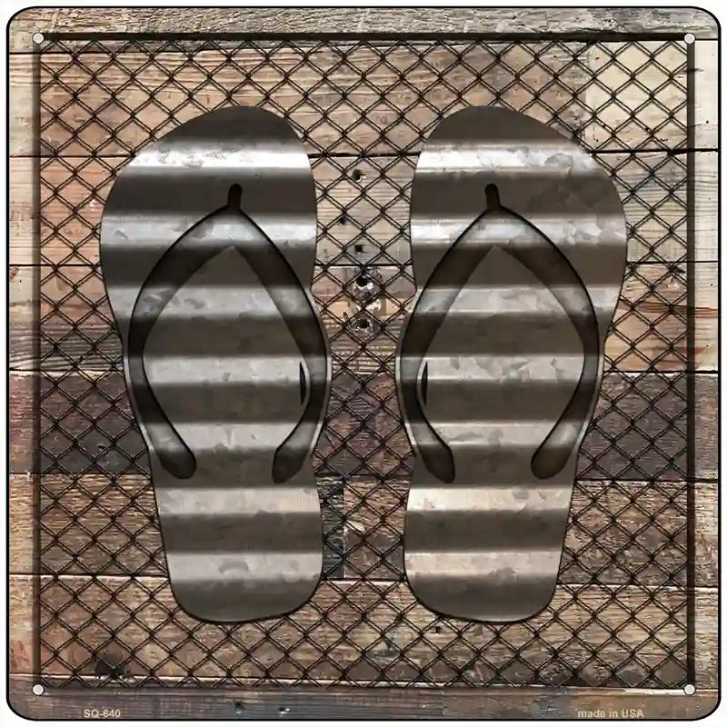 Corrugated Flip Flops on Wood Novelty Metal Square Sign 12" (SQ)