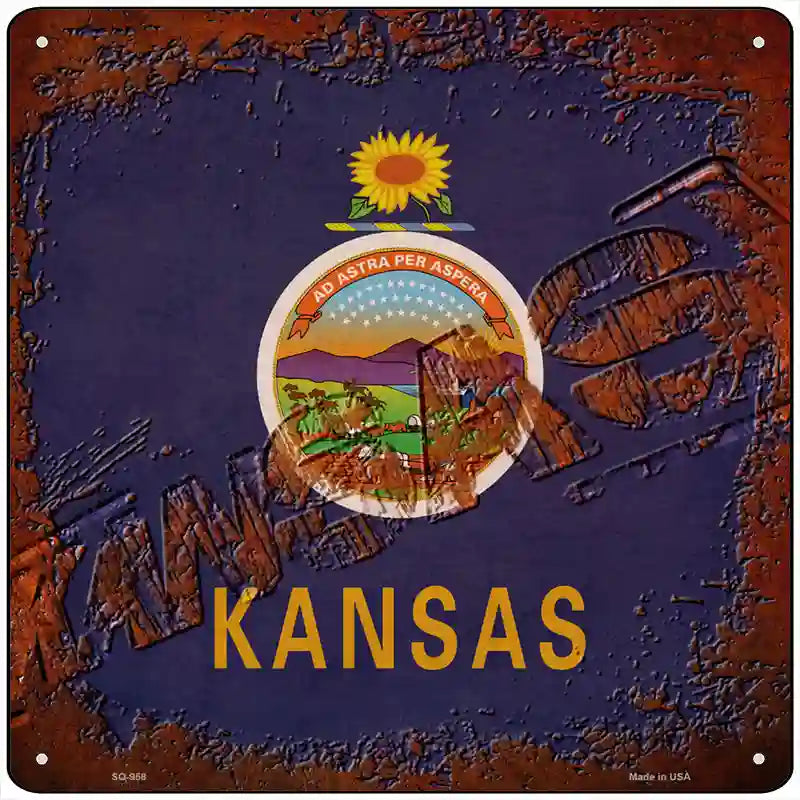 Kansas Rusty Stamped Novelty Metal Square Sign 12" (SQ)