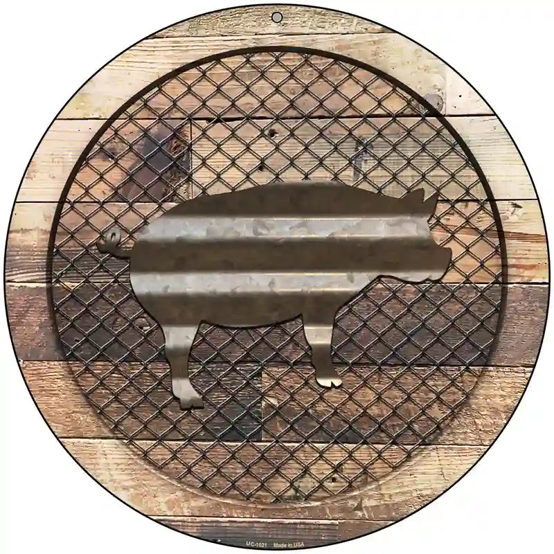 Corrugated Pig on Wood Novelty Metal Circular Sign 8" (UC)