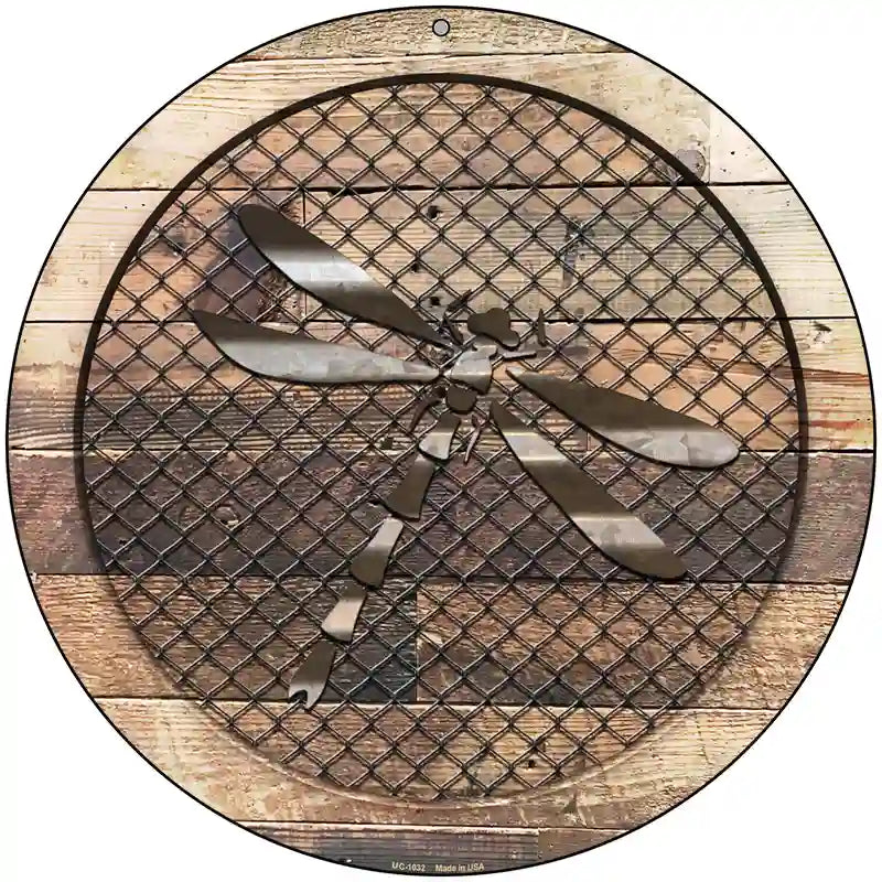 Corrugated Dragonfly on Wood Novelty Metal Circular Sign 8" (UC)