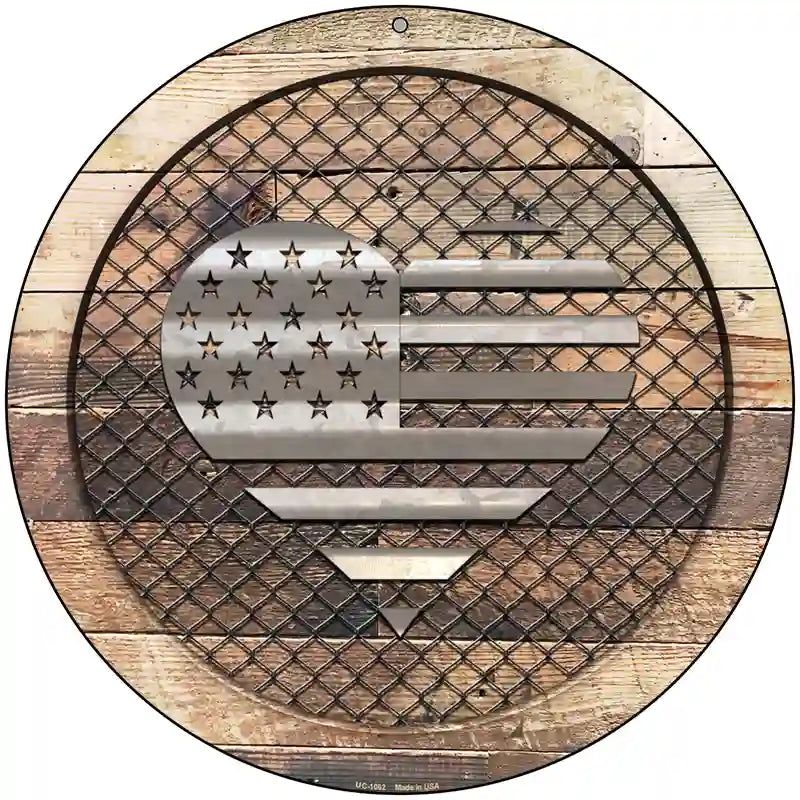 Corrugated American Flag Heart on Wood Novelty Metal Circular Sign 8" (UC)