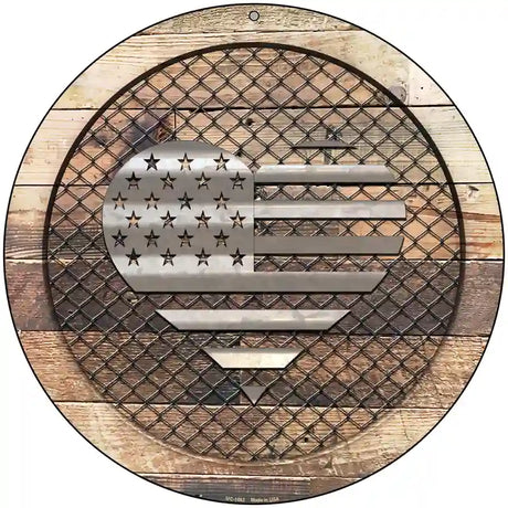 Corrugated American Flag Heart on Wood Novelty Metal Circular Sign 8" (UC)