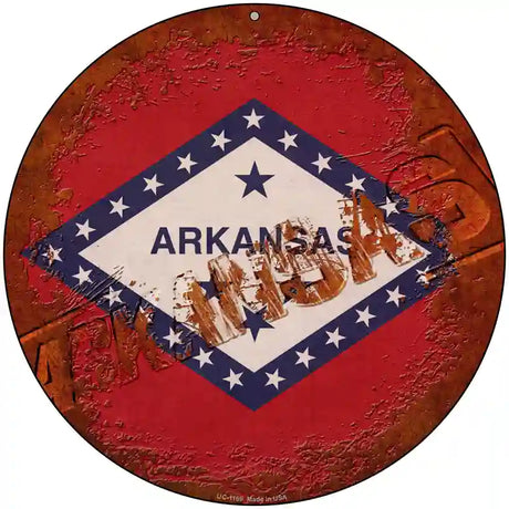 Arkansas Rusty Stamped Novelty Metal Circular Sign 8" (UC)