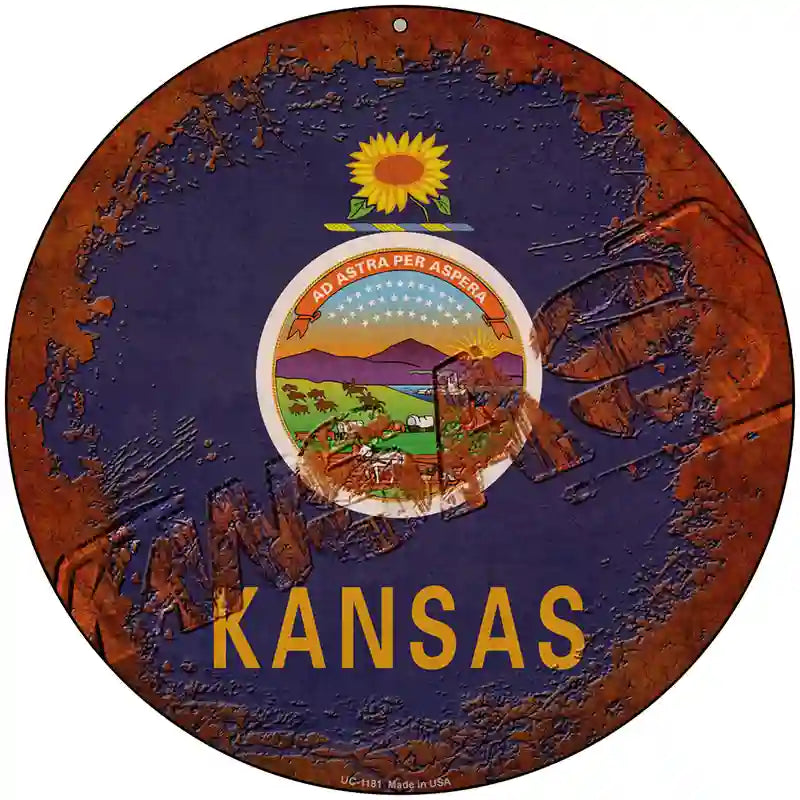 Kansas Rusty Stamped Novelty Metal Circular Sign 8" (UC)