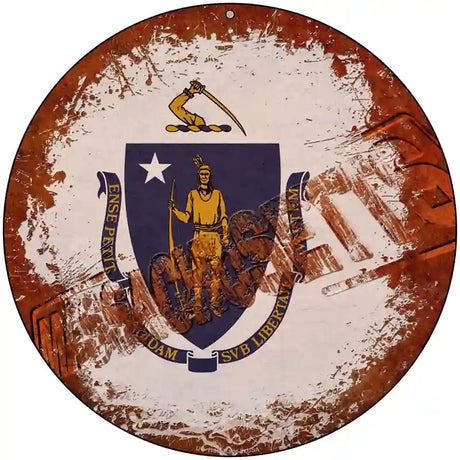 Massachusetts Rusty Stamped Novelty Metal Circular Sign 8" (UC)