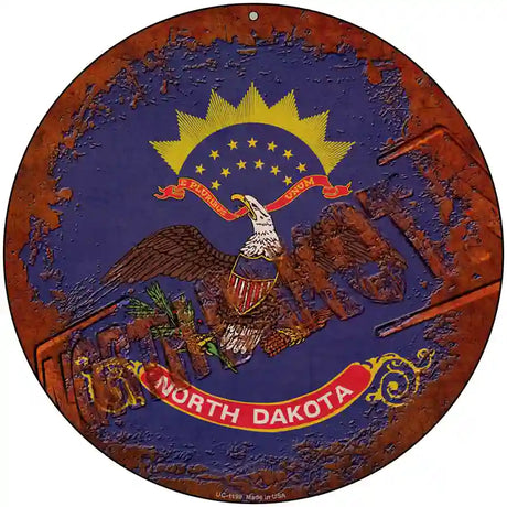 North Dakota Rusty Stamped Novelty Metal Circular Sign 8" (UC)