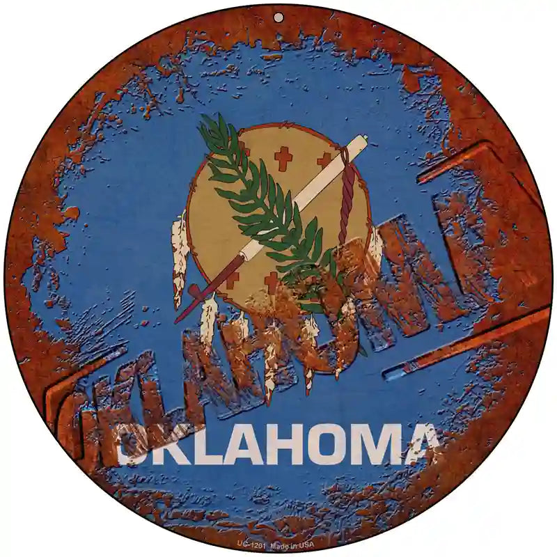 Oklahoma Rusty Stamped Novelty Metal Circular Sign 8" (UC)