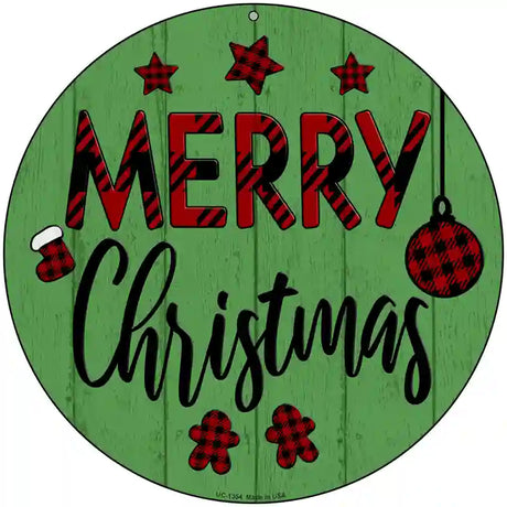 Merry Christmas Plaid Green Novelty Metal Circular Sign 8" (UC)