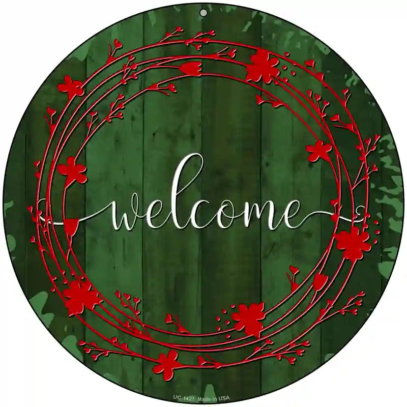 Welcome Wreath Novelty Metal Circular Sign 8" (UC)