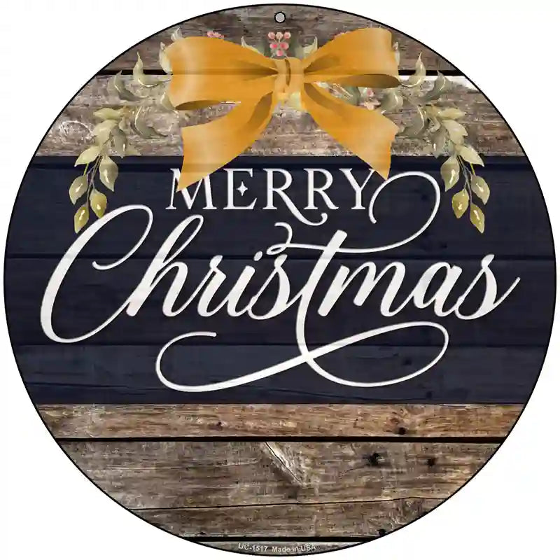 Merry Christmas Yellow Bow Novelty Metal Circle Sign 8" (UC)