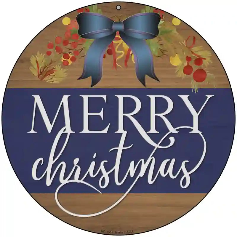 Merry Christmas Blue Bow Novelty Metal Circle Sign 8" (UC)