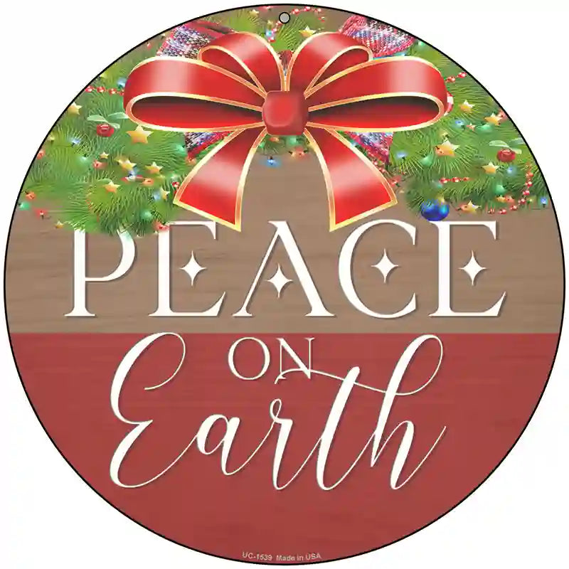 Peace On Earth Bow Wreath Novelty Metal Circle Sign 8" (UC)