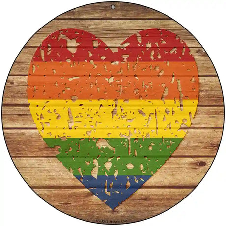 Distressed Heart Rainbow Novelty Metal Circle Sign 8" (UC)