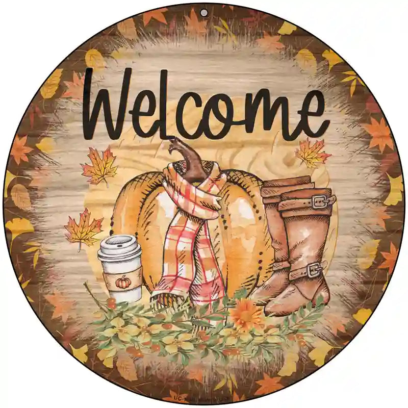 Welcome Pumpkin Novelty Metal Circle Sign 8" (UC)