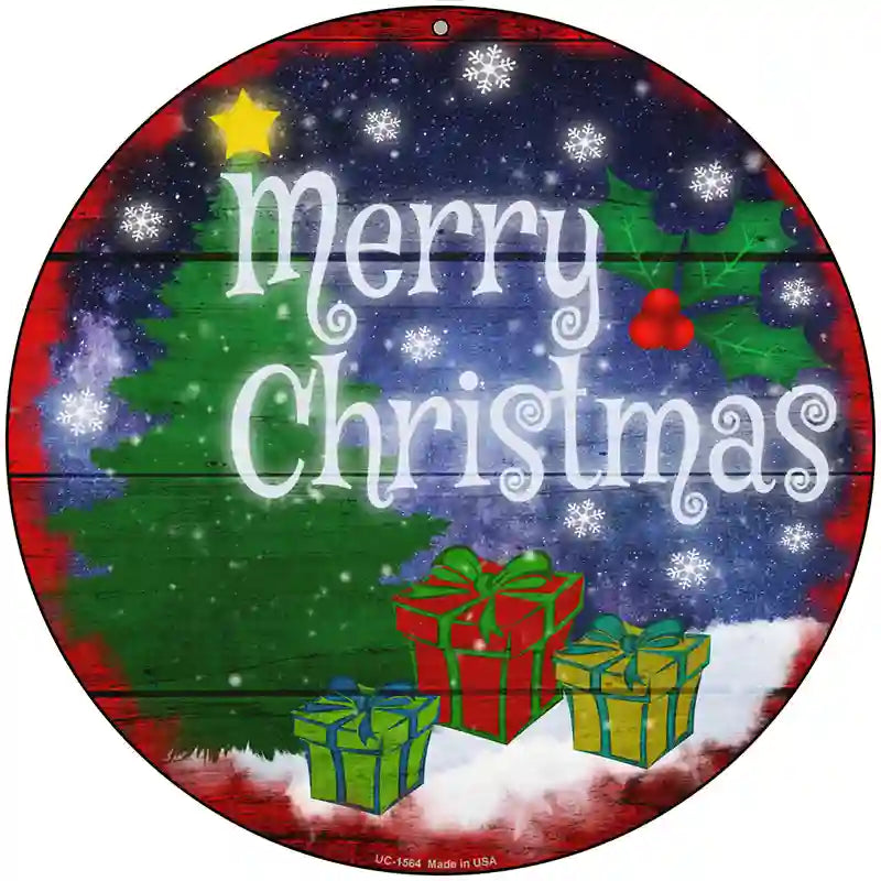 Merry Christmas with Presents Novelty Metal Circle Sign 8" (UC)