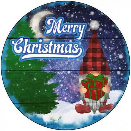 Merry Christmas Gnome Novelty Metal Circle Sign 8" (UC)