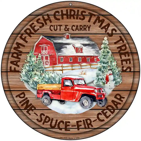 Farm Fresh Christmas Trees Red Novelty Metal Circle Sign 8" (UC)