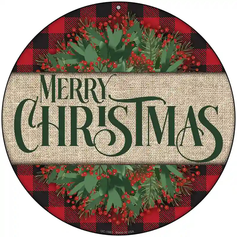 Merry Christmas Red Novelty Metal Circle Sign 8" (UC)