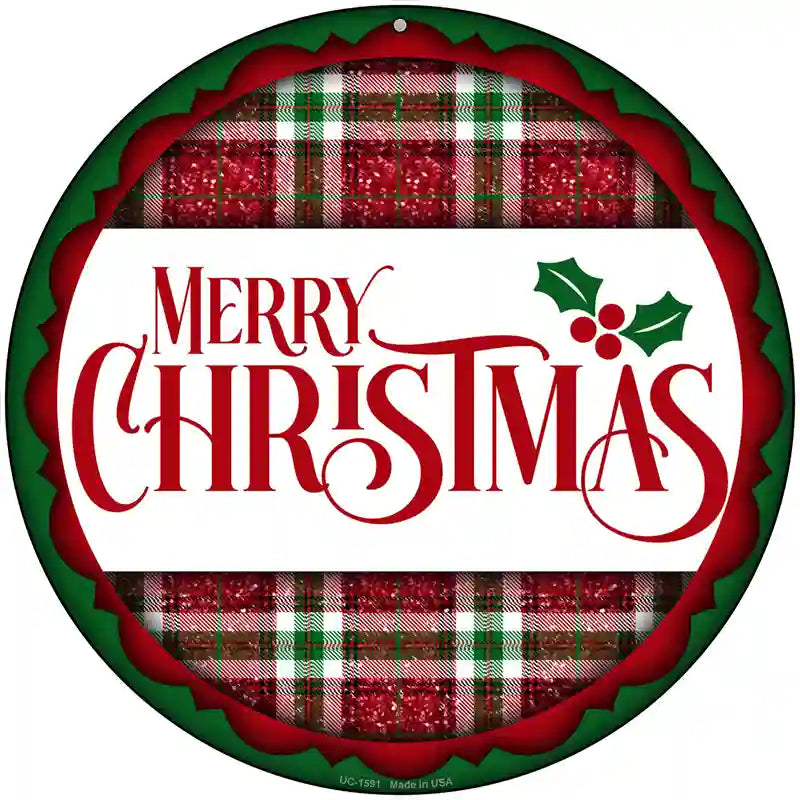 Merry Christmas Red and Green Novelty Metal Circle Sign 8" (UC)