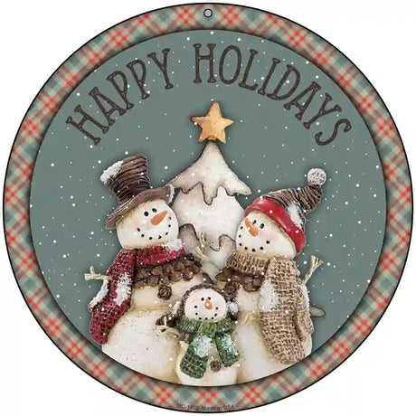 Happy Holidays Snowman Novelty Metal Circle Sign 8" (UC)