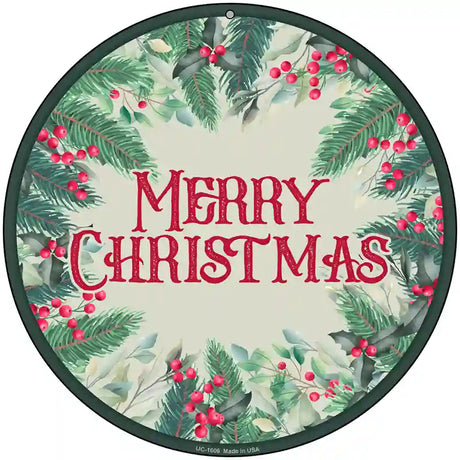 Merry Christmas Red Berries Novelty Metal Circle Sign 8" (UC)