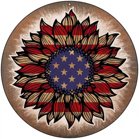 USA Flag Sunflower Novelty Metal Circle Sign 8" (UC)