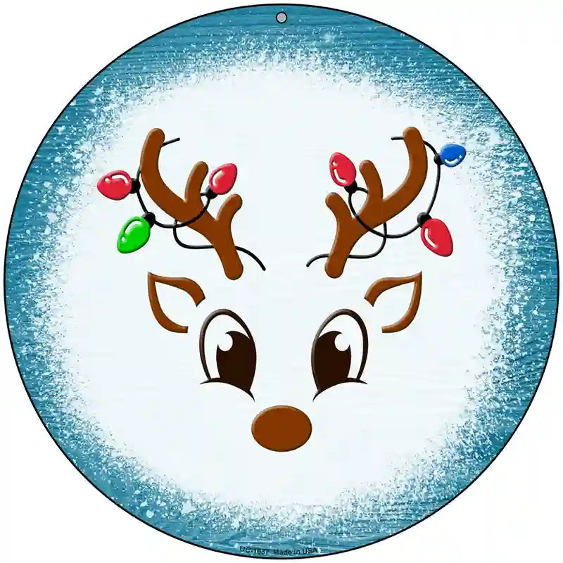 Blue Reindeer Face Novelty Metal Circle Sign 8" (UC)