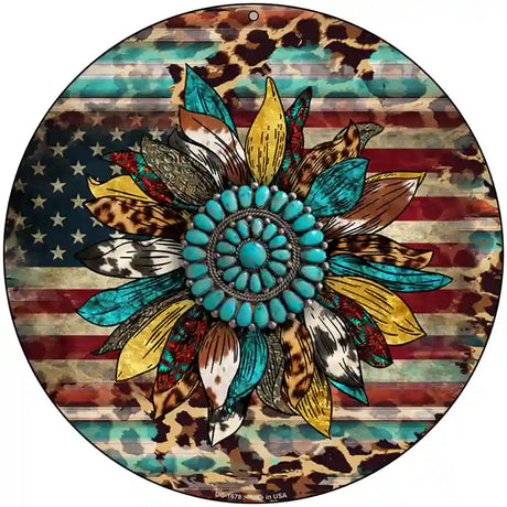 Turquoise Concho Sunflower Novelty Metal Circle Sign 8" (UC)