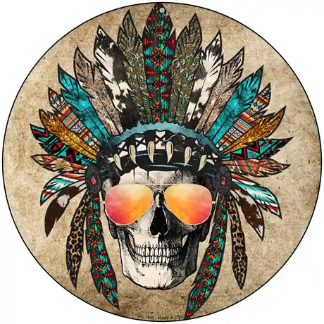 Headress Skull With Aviators Novelty Metal Circle Sign 8" (UC)